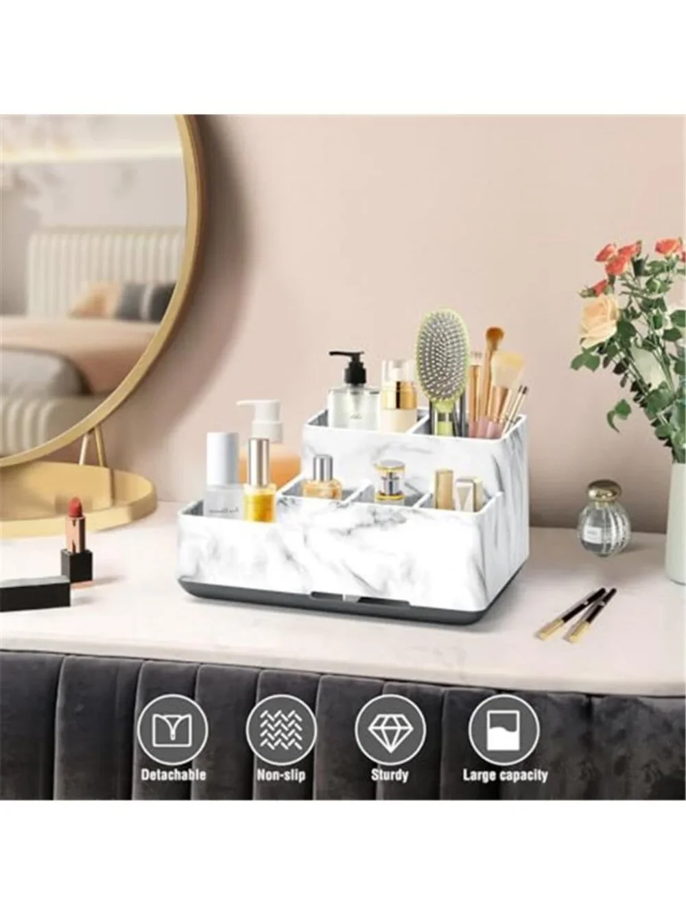 Bathroom Counter Organizer Toothbrush Holder Makeup Storage Marble Vanity Tray